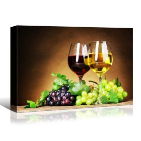 Framed Canvas Wall Art Decor Painting, Wine Glasses and Grape Fruits on Table Painting Decoration For Restaurant, Kitchen, Dining Room