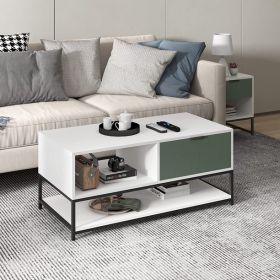 Watson White and Green Wood Coffee Table Steel Frame with Shelves and Drawer