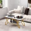 2-Tier Faux Marble Coffee Table with Marble Top and Metal Frame