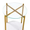 2-layer End Table with Tempered Glass and Marble Tabletop, Round Coffee Table with Golden Metal Frame for Bedroom Living Room Office (1 piece)