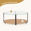 2-Tier Glass-Top Oval Coffee Table with Wooden Shelf for Living Room