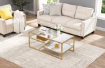 Golden Coffee Table with Storage Shelf;  Tempered Glass Coffee Table with Metal Frame for Living Room&Bedroom