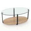 2-Tier Glass-Top Oval Coffee Table with Wooden Shelf for Living Room