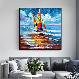 Abstract oil painting Boats Oil Canvas Painting Sea Landscape 100% handmade Wall Art Picture for Living Room Home Decor (size: 80x80cm)