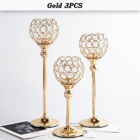 Gold/Silver Crystal Candle Holder Pillar Metal Tealight Candlestick Wedding Table Centerpiece Party Christmas Home Desktop Decor (Color: Gold 3PCS)