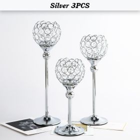 Crystal Candle Holder Pillar Gold/Silver Metal Tealight Candlestick Wedding Table Centerpiece Party Christmas Home Desktop Decor (Color: Silver 3PCS)