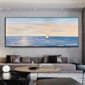 100% Handpainted Modern Abstract Simple Ocean Seaside Pure Ocean Sea oil painting Scandinavian wall artwork for home decor gift (size: 60x120cm)