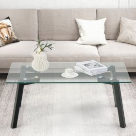 Modern Tempered Glass Coffee Table with Metal Frame for Living Room (Color: Black)