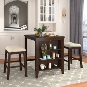 3 Piece Dining Table with Padded Stools, Table Set with Storage Shelf (Main Color: Brown)