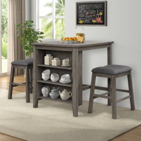 3 Piece Dining Table with Padded Stools, Table Set with Storage Shelf (Main Color: Gray)