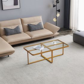 Minimalism rectangle coffee table,Golden metal frame with tempered glass tabletop (Color: as Pic)