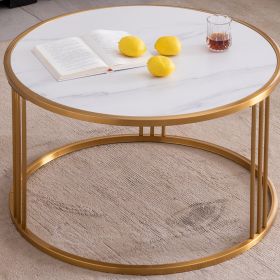 Slate/Sintered stone round coffee table with golden stainless steel frame (Color: as Pic)