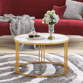 Slate/Sintered stone round coffee table with golden stainless steel frame (Color: Golden)