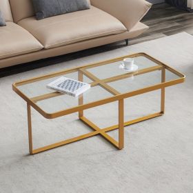 Minimalism rectangle coffee table,Golden metal frame with tempered glass tabletop (Color: as picture)