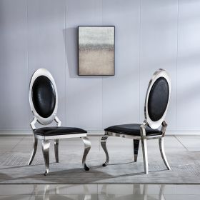 Leatherette Dining Chair with Oval Backrest Set of 2;  Stainless Steel Legs (Color: Black and Silver)