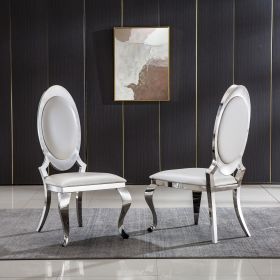 Leatherette Dining Chair with Oval Backrest Set of 2;  Stainless Steel Legs. Size: 22'Lx26"Dx44"H (Color: Gray)